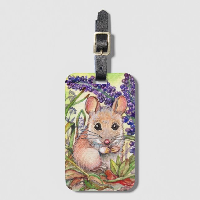Kleine Maus und violette Blumen Gepäckanhänger (Vorderseite Vertikal)