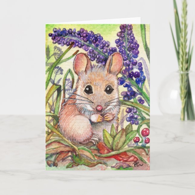 Kleine Maus und violette Blumen Karte (Vorderseite)