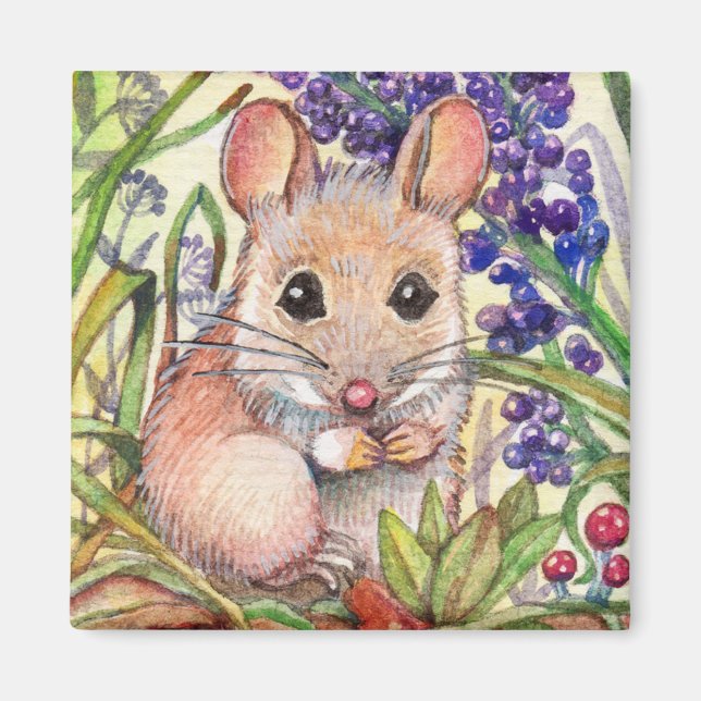 Kleine Maus und violette Blumen Magnet (Vorne)