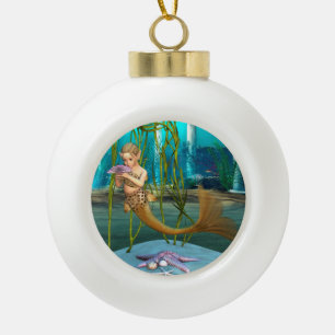 Kleine Meerjungfrau mit Anemone-Blume Keramik Kugel-Ornament