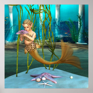 Kleine Meerjungfrau mit Anemone-Blume Poster