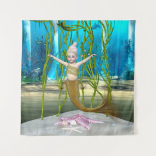 Kleine Meerjungfrau Niedliche Fantasy-Girl, Blauer Wandteppich