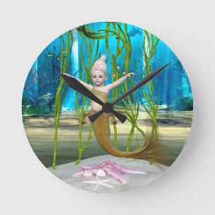 Kleine Meerjungfrau Niedliche Fantasy Mädchen, Bla Runde Wanduhr