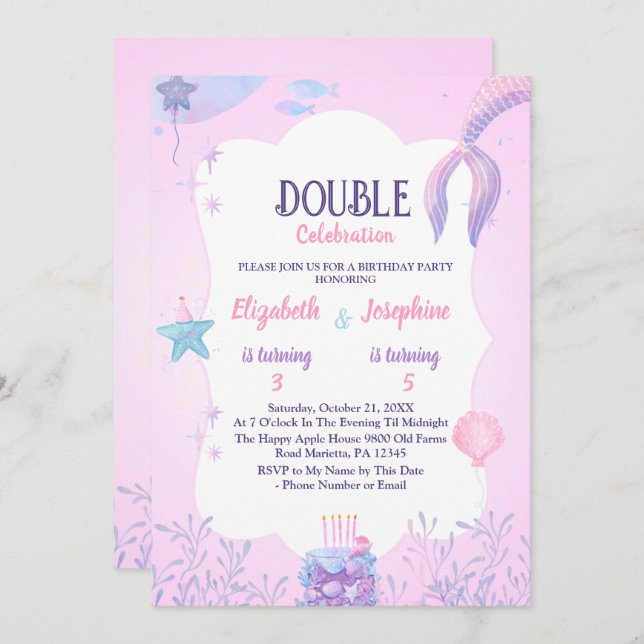 Kleine Meerjungfrauen Doppelfeier Geburtstag Einladung (Vorne/Hinten)