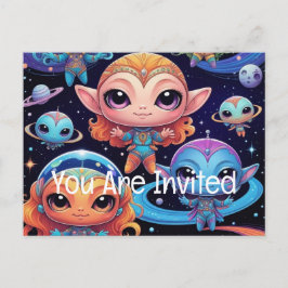 Kleine mehrfarbige Außerirdischen im Weltraum Einladungspostkarte