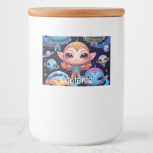 Kleine mehrfarbige Außerirdischen im Weltraum Lebensmitteletikett