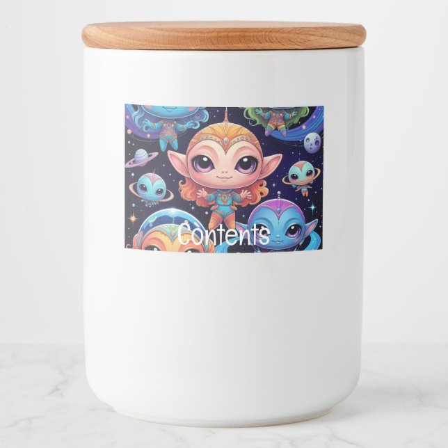 Kleine mehrfarbige Außerirdischen im Weltraum Lebensmitteletikett (Vorderseite)