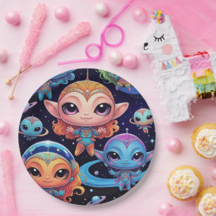 Kleine mehrfarbige Außerirdischen im Weltraum Pappteller