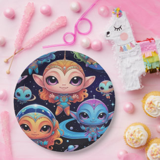 Kleine mehrfarbige Außerirdischen im Weltraum Pappteller