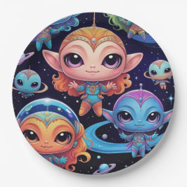 Kleine mehrfarbige Außerirdischen im Weltraum Pappteller