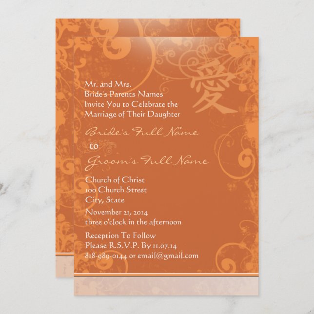 Kleine Mini Orange Kanji Liebe Swirl Hochzeit Einladung (Vorne/Hinten)