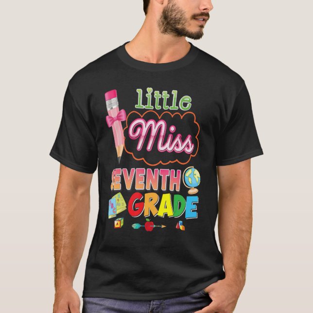 Kleine Miss 7. Klasse Stift Bow zurück zur Schule  T-Shirt (Vorderseite)