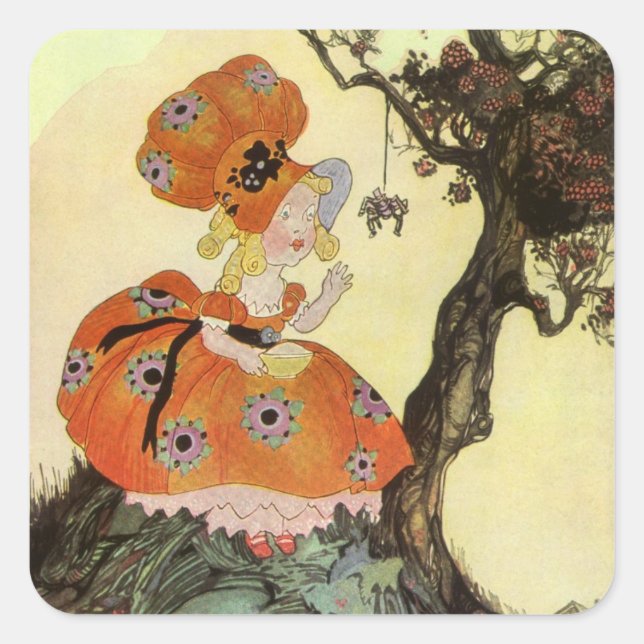 Kleine Miss Muffet & Spider, Vintage Muttergoose Quadratischer Aufkleber (Vorderseite)