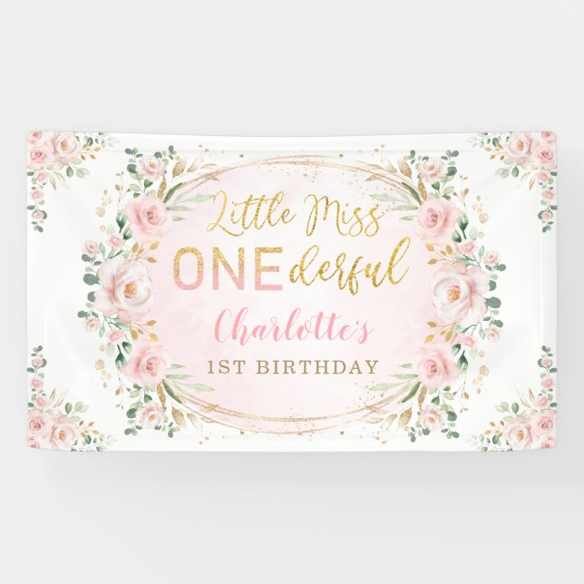 Kleine Miss ONEderful Birthday Blush Gold Floral Banner (Horizontal)