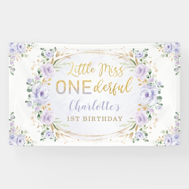 Kleine Miss ONEderful Birthday Lila Gold Floral Banner (Horizontal)