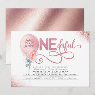 Kleine Miss ONEderful Floral Ballon 1. Geburtstag Einladung