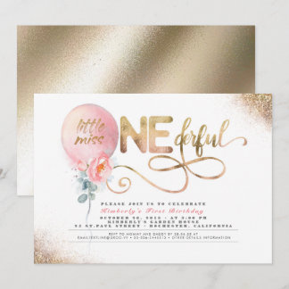 Kleine Miss ONEderful Floral Ballon 1. Geburtstag Einladung