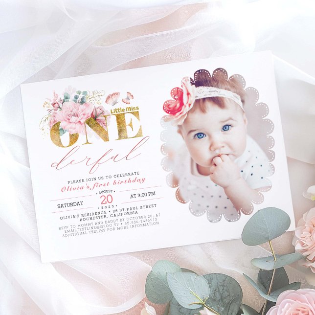 Kleine Miss ONEderful Gold 1. Geburtstag Foto Einladung (Little Mis One Derful 1st Birthday Photo Invitation)