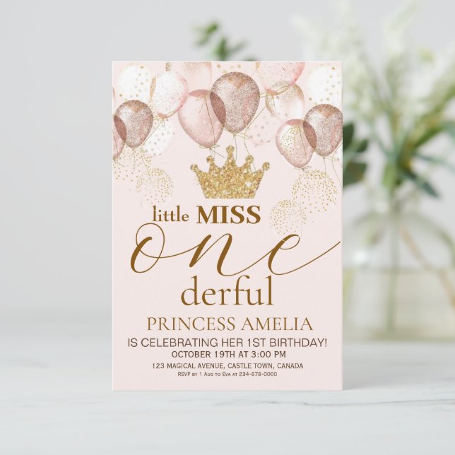 Kleine Miss ONEderful Pink Gold Crown 1. Geburtsta Einladung (Stehend Vorderseite)