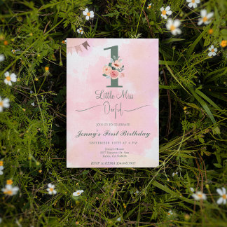 Kleine Miss ONEderful Wasserfarbe Rosa 1. Geburtst Einladung