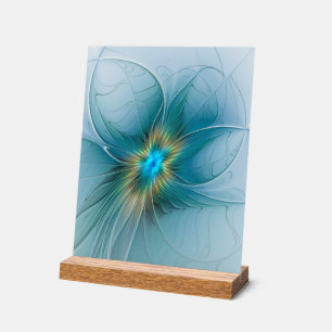 Kleine moderne blaue goldene Fractal-Kunstblume Acrylschild