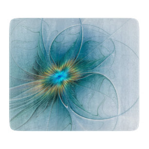 Kleine moderne blaue goldene Fractal-Kunstblume Schneidebrett