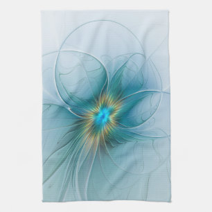 Kleine moderne blaue goldene fraktale Blumenkunst Geschirrtuch