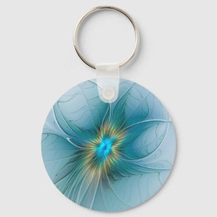 Kleine moderne blaue goldene fraktale Kunstblume Schlüsselanhänger