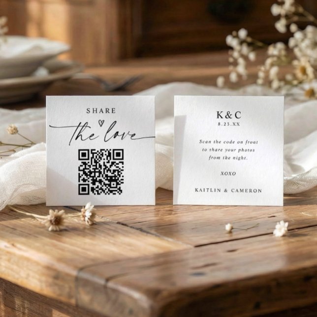 Kleine moderne Share the Love Karten mit QR-Code (Small photo sharing qr code cards for wedding receptions - front and back sides.)