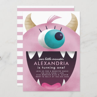 Kleine Monster Girls Pink Geburtstagsparty Einladung