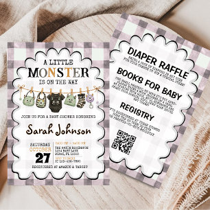 Kleine Monster-Wäscheleine Gingham-Baby-Party Einladung