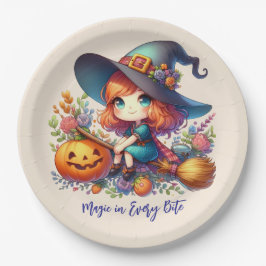 kleine niedliche Hexe in blauer Farbe, Halloween Pappteller