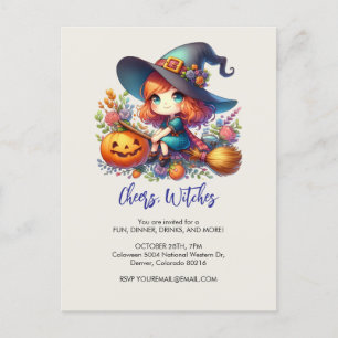 kleine niedliche Hexe in blauer Farbe, Halloween Postkarte