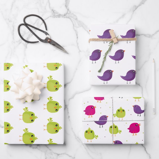 Kleine niedliche Vögel Geschenkpapier Set (Vorderseite)