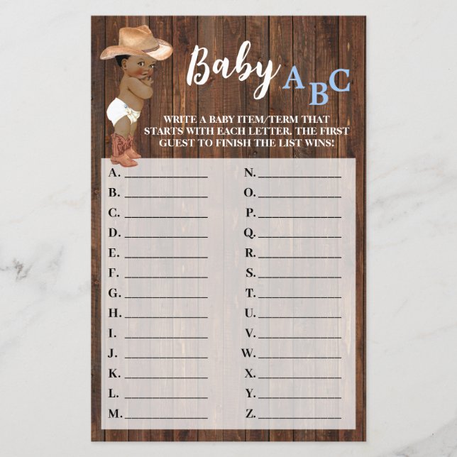 Kleine OM Cowboy Baby ABC Baby Shower Game Card Flyer (Vorne)