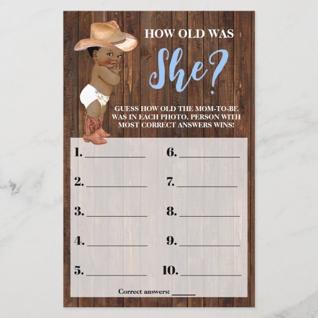 Kleine OM Cowboy Wie alt war ihr Baby Shower Game Flyer (Vorne)