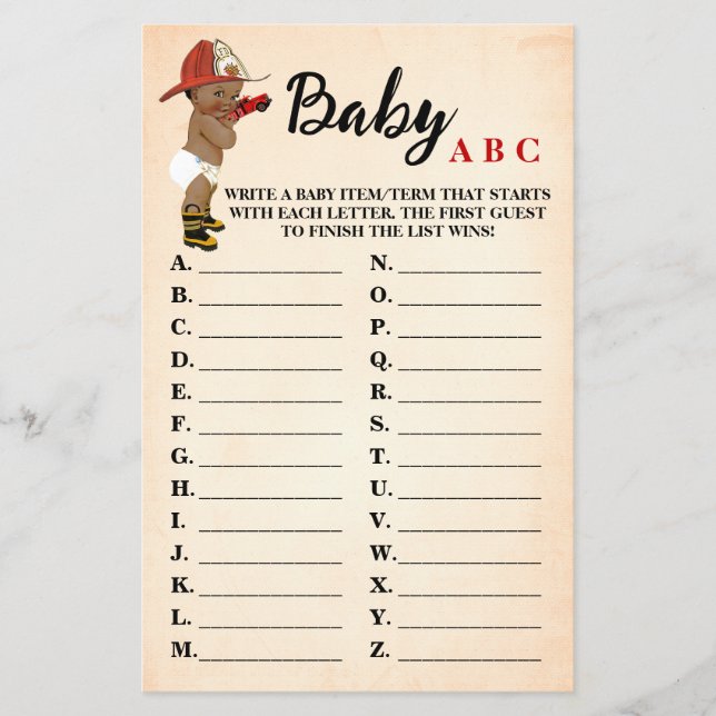 Kleine OM Fireman Baby ABC Baby Shower Game Card Flyer (Vorne)