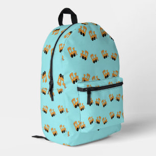 Kleine orangefarbene Züge auf blau Bedruckter Rucksack