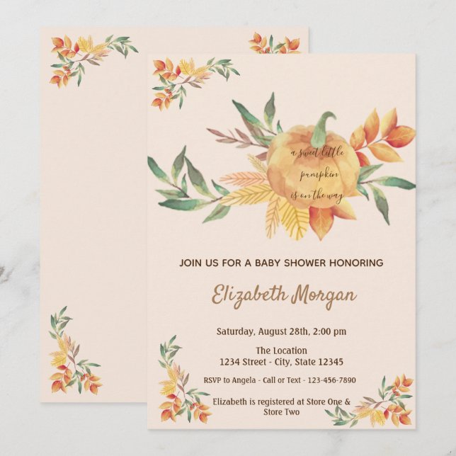 Kleine Pampkin, Blätter Babydusche Einladung (Vorne/Hinten)