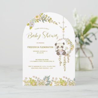 Kleine Panda in einer Blumenschaukel Baby Shower Einladung
