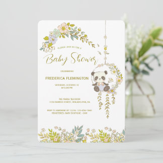 Kleine Panda in einer Blumenschaukel Baby Shower Einladung