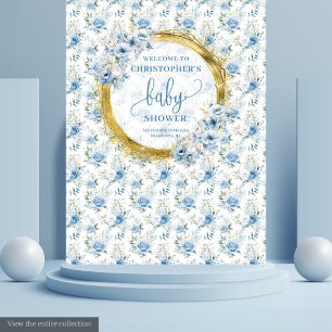 Kleine pastellblaue Blumen Gold Junge Baby-Party Wandteppich