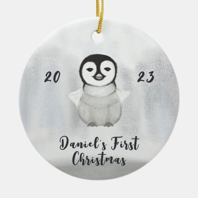 kleine Pinguine ersten Weihnachten Keramik Ornament (Vorne)