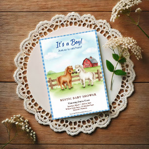 Kleine Pony Baby Boy Shower Gingham Einladung Postkarte