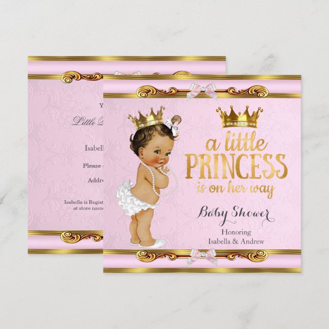 Kleine Princess Baby Dusche Pink Gold Brünett Einladung (Vorne/Hinten)