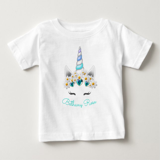 Kleine Prinzessin Unicorn Türkis Juwelen Blume Baby T-shirt (Vorderseite)