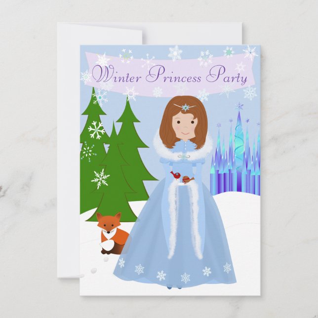 Kleine Prinzessin Winter Party Braun Haar Einladung (Vorderseite)