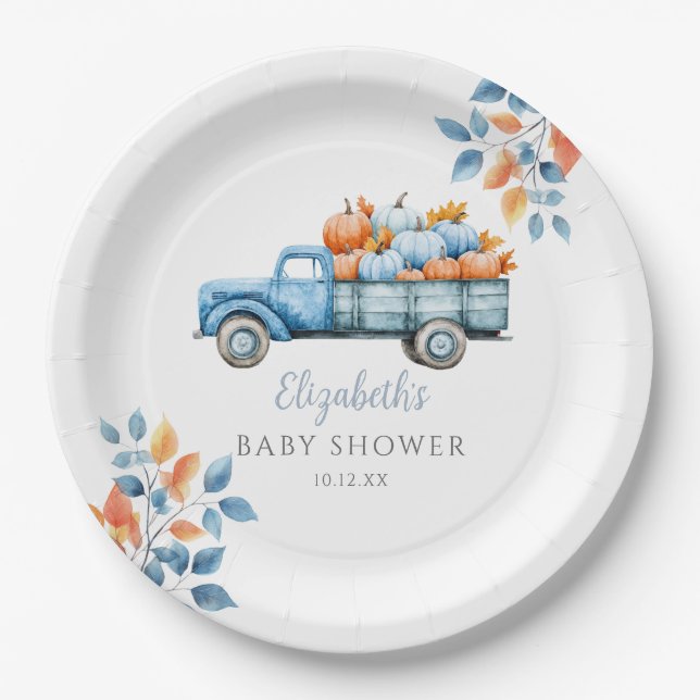 Kleine Pumpkin Blue Baby Dusche Foto Hintergrund Pappteller (Vorderseite)