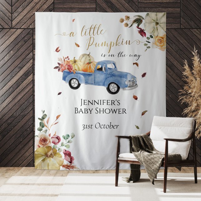 Kleine Pumpkin Blue Truck Baby Dusche Hintergrund Wandteppich (Von Creator hochgeladen)