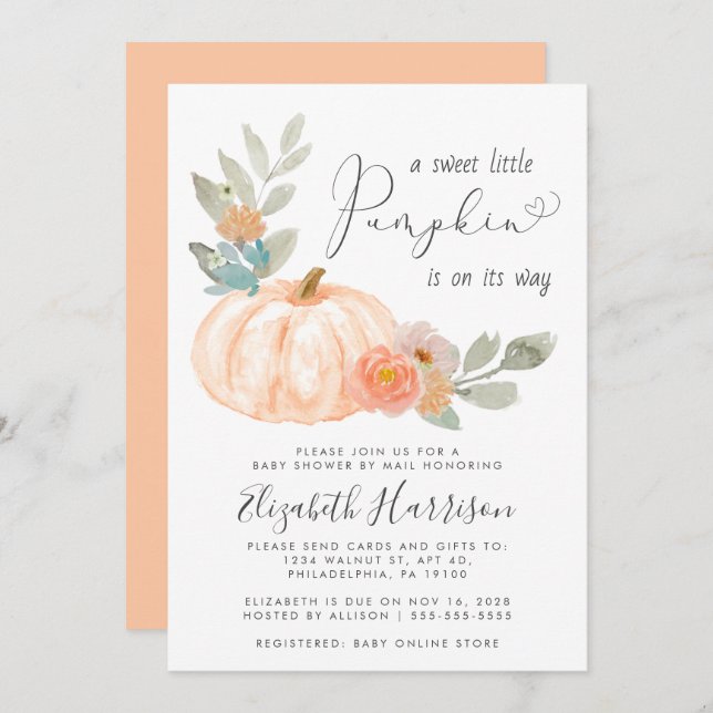 Kleine Pumpkin Wasserfarben Babydusche per Post Einladung (Vorne/Hinten)
